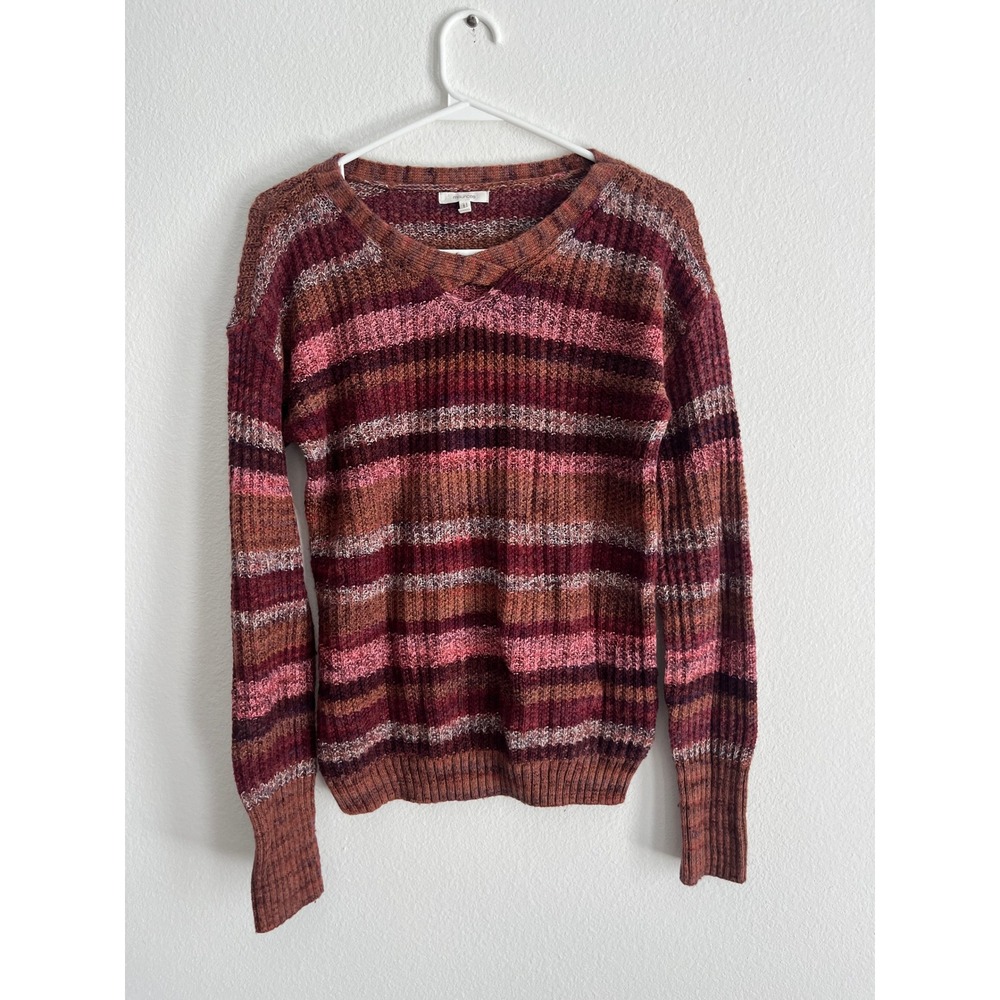 Maurices Womens Striped Ribbed Knit Sweater Burgundy Pink Brown XS Pullover